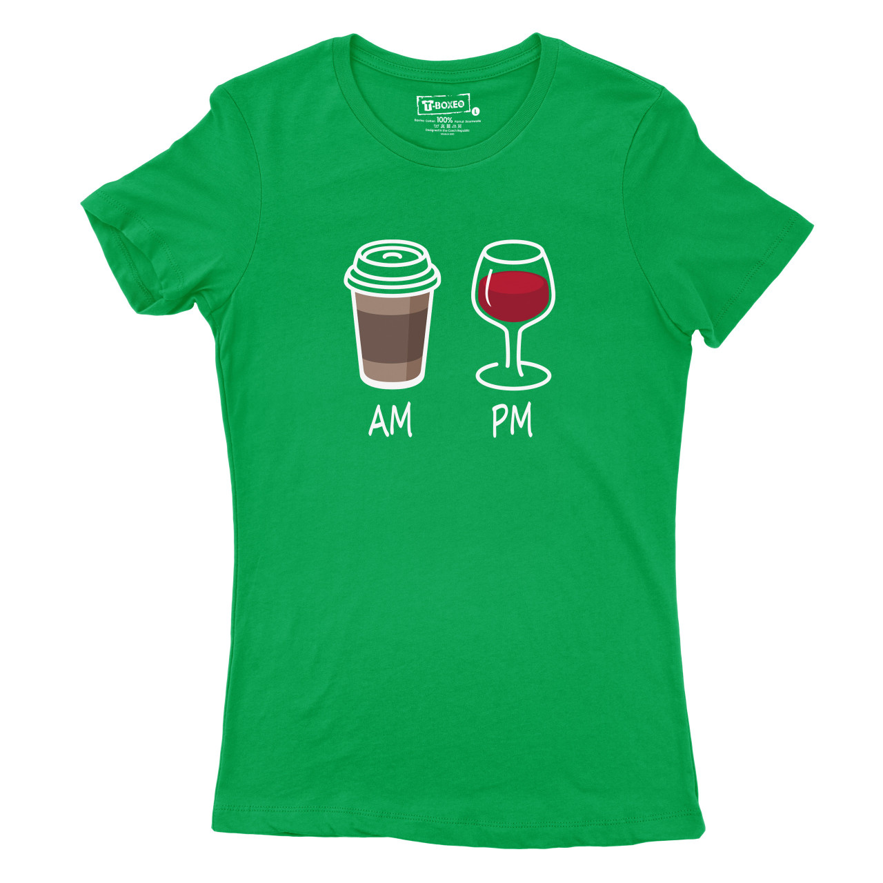 Dámské tričko s potiskem “Ráno kafe, odpoledne víno”