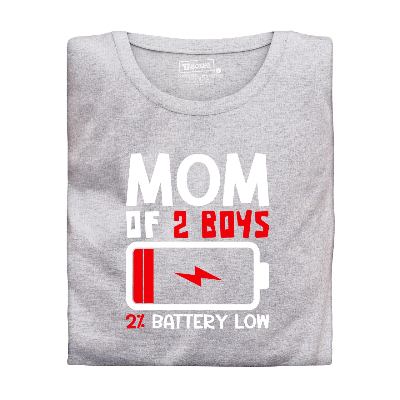 Dámské tričko s potiskem “Mom of 2 boys, battery low”