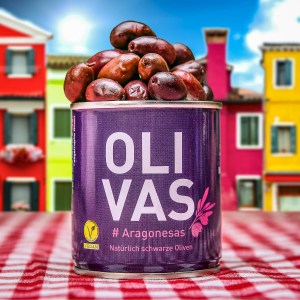 Schwarze Oliven Olivas Aragonesas mit Knoblauch 80 g 